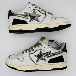 BAPE Sk8 Sta Leather Sneakers - White w/ Metallic Silver Logo - NIGO Bathing Ape